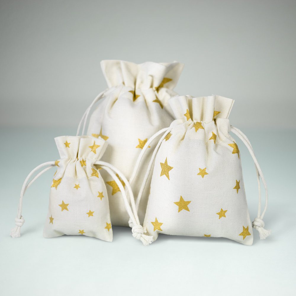 100 peças Sacos de Algodão Ecológico com Estrelas Douradas